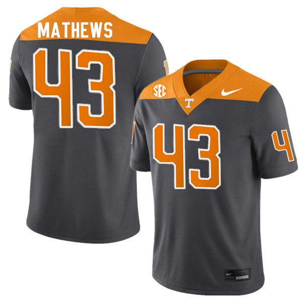 Men #43 Jackson Mathews Tennessee Volunteers College Football Jerseys Stitched-Anthracite